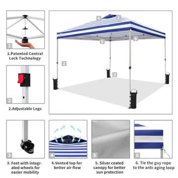 Crown Shades 10x10 Pop Up Canopy - Beach Tent with One Push Setup - Outdoor Sun Shade for Events, Parties, Camping - STO-N-Go Cover Bag, Silver Coated Top, 3 Height& 4 Sand Bags, Navy Blue Stripes