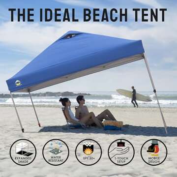 Crown Shades 10x10 Pop Up Canopy - Beach Tent with One Push Setup - Outdoor Sun Shade for Events, Parties, Camping - STO-N-Go Cover Bag, Silver Coated Top, 3 Height& 4 Sand Bags, Navy Blue Stripes