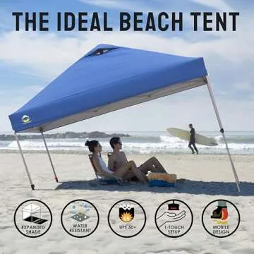 Crown Shades 10x10 Pop Up Canopy - Beach Tent with One Push Setup - Outdoor Sun Shade for Events, Parties, Camping - STO-N-Go Cover Bag, Silver Coated Top, 3 Height& 4 Sand Bags, Navy Blue Stripes