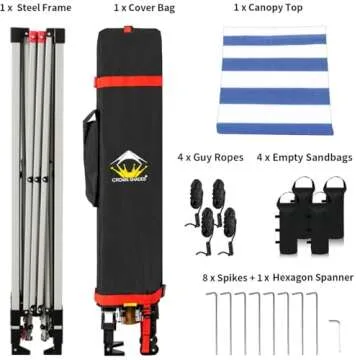 Crown Shades 10x10 Pop Up Canopy - Beach Tent with One Push Setup - Outdoor Sun Shade for Events, Parties, Camping - STO-N-Go Cover Bag, Silver Coated Top, 3 Height& 4 Sand Bags, Navy Blue Stripes