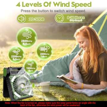 4 Speeds Solar Battery Operated Fan for Camping, 10000mAh Portable Rechargeable Desk Fan with LED Li...