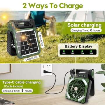 4 Speeds Solar Battery Operated Fan for Camping, 10000mAh Portable Rechargeable Desk Fan with LED Light & Timing Function, Folding USB Charger Port Camping Fan Power Bank for Home Office Car Outdoor