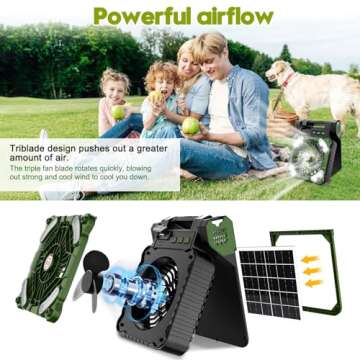 4 Speeds Solar Battery Operated Fan for Camping, 10000mAh Portable Rechargeable Desk Fan with LED Light & Timing Function, Folding USB Charger Port Camping Fan Power Bank for Home Office Car Outdoor