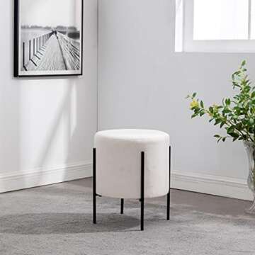Wovenbyrd Modern Round Ottoman Footstool with Metal Base Legs, 16-Inch Wide, Cream Fabric