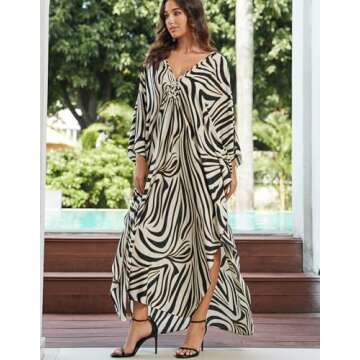 NFVNKJ Women’s Floral Print 3/4 Sleeve V-Neck Kaftan Dress - Plus Size Beach Bathing Suit Swim Cover-Up