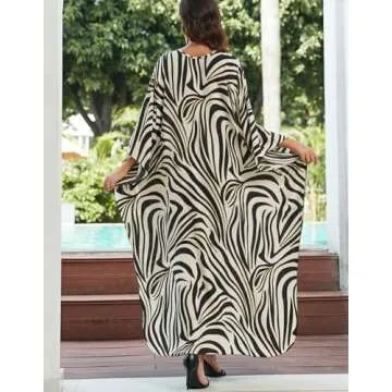 NFVNKJ Women’s Floral Print 3/4 Sleeve V-Neck Kaftan Dress - Plus Size Beach Bathing Suit Swim Cover-Up