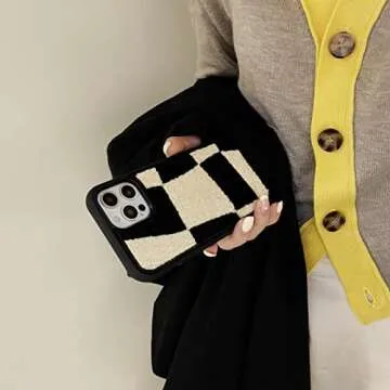 Tewwsdi Trendy Black White Checkered Phone Case for iPhone 15 Pro Max Aesthetic Retro Irregular Grid Design,Winter Fuzzy Plush Soft Carpet Fluffy Case(Black Beige Checkers)