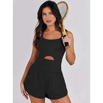 ANRABESS Women Rompers Running Exercise Workout Set One Piece Jumpsuits Gym Yoga Outfits 2025 Summer Active Wear Clothes Black X-Large