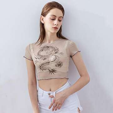 Women Dragon Printed Mesh Perspective T-Shirt Transparent Bodycon Short Sleeve Crop Tees (as1, Alpha, s, Regular, Regular, Beige, Small)