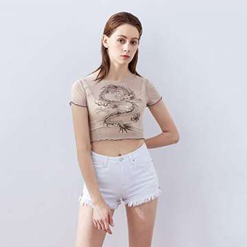 Women Dragon Printed Mesh Perspective T-Shirt Transparent Bodycon Short Sleeve Crop Tees (as1, Alpha, s, Regular, Regular, Beige, Small)