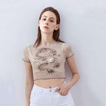 Women Dragon Printed Mesh Perspective T-Shirt Transparent Bodycon Short Sleeve Crop Tees (as1, Alpha, s, Regular, Regular, Beige, Small)