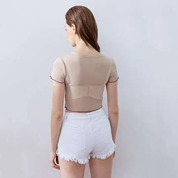 Women Dragon Printed Mesh Perspective T-Shirt Transparent Bodycon Short Sleeve Crop Tees (as1, Alpha, s, Regular, Regular, Beige, Small)