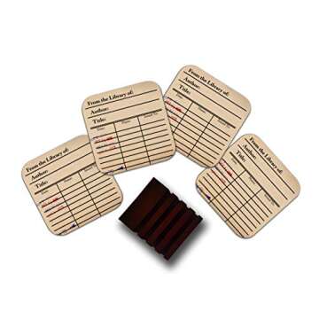 Set of Library Card Coasters with Stand - 4 Coffee Mug Coasters