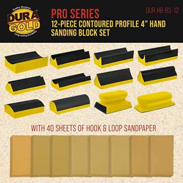 Dura-Gold 12-Piece Contoured Profile 4" Hand Sanding Block Set with 40 Sheet Hook & Loop Sandpaper K...