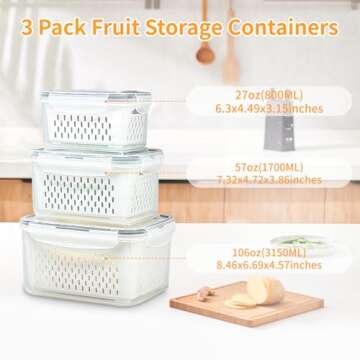 Fruit Storage Containers for Fridge,Produce Saver Containers for Refrigerator with Drain Colander,Food Storage Container,Dishwasher&Microwave Safe,Keep Fruits,Vegetables,Berry,Meat Fresh longer 3Pack.