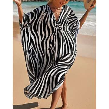 Bsubseach Kaftan Dresses for Women Plus Size Swimsuit Cover Up V Neck Caftan Beach Dress Loungewear Zebra Print