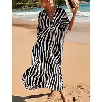 Bsubseach Kaftan Dresses for Women Plus Size Swimsuit Cover Up V Neck Caftan Beach Dress Loungewear Zebra Print