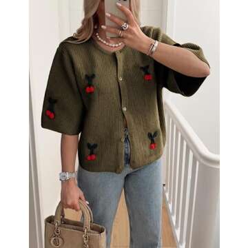 TIQOJE Women's Casual Dressy Cardigan Sweaters Half Sleeve Open Front Button Down knit Cherry Cardigans