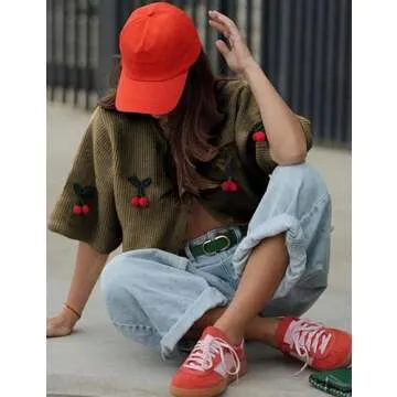 TIQOJE Women's Casual Dressy Cardigan Sweaters Half Sleeve Open Front Button Down knit Cherry Cardigans