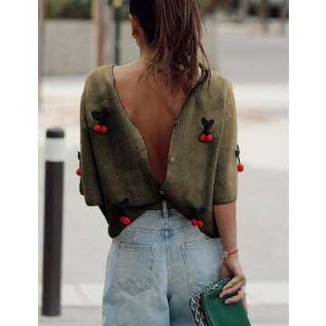 TIQOJE Women's Casual Dressy Cardigan Sweaters Half Sleeve Open Front Button Down knit Cherry Cardigans