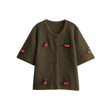 TIQOJE Women's Casual Dressy Cardigan Sweaters Half Sleeve Open Front Button Down knit Cherry Cardigans