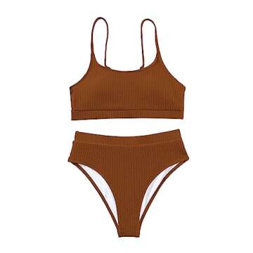 Lilosy High Waisted Tummy Control Bikini Ribbed Sporty Brazilian Swimsuit Set Women Highwaisted Cheeky Cut Leg Rise Bottom Crop Push Up Top 2 Piece Bathing Suit Brown Medium