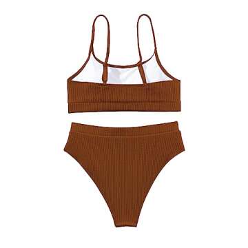 Lilosy High Waisted Tummy Control Bikini Ribbed Sporty Brazilian Swimsuit Set Women Highwaisted Cheeky Cut Leg Rise Bottom Crop Push Up Top 2 Piece Bathing Suit Brown Medium