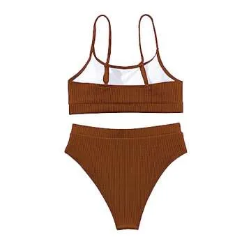 Lilosy High Waisted Tummy Control Bikini Ribbed Sporty Brazilian Swimsuit Set Women Highwaisted Cheeky Cut Leg Rise Bottom Crop Push Up Top 2 Piece Bathing Suit Brown Medium