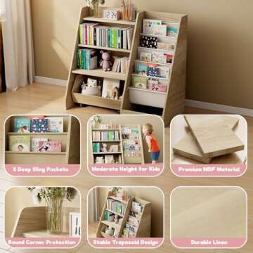 COZPAW Kids Bookshelf with Movable Drawer & Sling Pockets