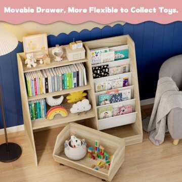 COZPAW Kids Bookshelf with Movable Drawer & Sling Pockets