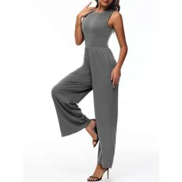 Tanou 2024 Women's Dressy Casual Jumpsuits Sleeveless Tummy Control One Piece Pants Rompers with Pockets Dark Grey XXL