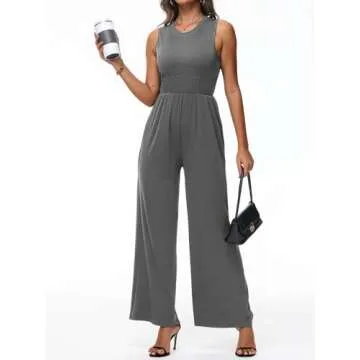 Tanou 2024 Women's Dressy Casual Jumpsuits Sleeveless Tummy Control One Piece Pants Rompers with Pockets Dark Grey XXL
