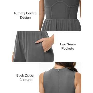 Tanou 2024 Women's Dressy Casual Jumpsuits Sleeveless Tummy Control One Piece Pants Rompers with Pockets Dark Grey XXL