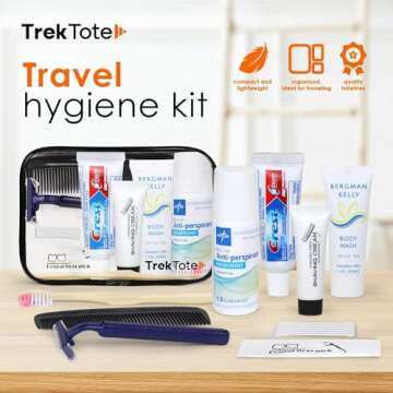 TrekTote 12 Piece Travel Toiletry Kit - Ready To Go Personal Care Travel Hygiene Essentials Bag with Unisex Toiletries. TSA-Approved Travel Size Kit for Men and Women with Essential Toiletries.