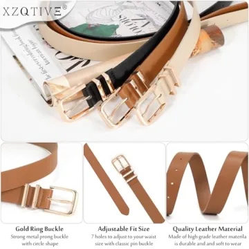Stylish XZQTIVE 3 Pack Women Leather Belts with Gold Buckle