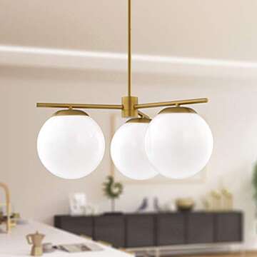 Linea di Liara Satin Brass Modern 3 Light Globe Chandelier - Caserti Mid Century Clear Glass Ceiling...