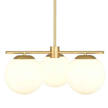 Linea di Liara Satin Brass Modern 3 Light Globe Chandelier - Caserti Mid Century Clear Glass Ceiling Light for Kitchen, Dining Room and Hallways