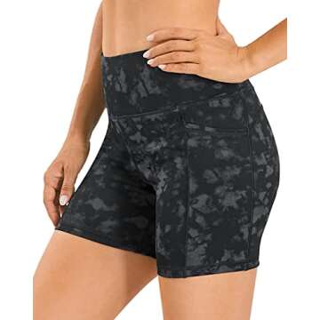 AFITNE Yoga Shorts for Women with Pockets High Waisted Printed Workout Athletic Running Shorts Biker Spandex Gym Fitness Tights Leggings Black Tie Dye - S