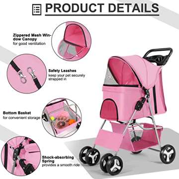 Wedyvko Pet Dog Stroller, 4 Wheel Foldable Cat Dog Stroller with Storage Basket, Handle 360° Front Wheel Rear Wheel with Brake for Small Medium Dogs & Cats (Pink)