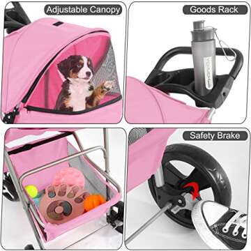 Wedyvko Pet Dog Stroller, 4 Wheel Foldable Cat Dog Stroller with Storage Basket, Handle 360° Front Wheel Rear Wheel with Brake for Small Medium Dogs & Cats (Pink)