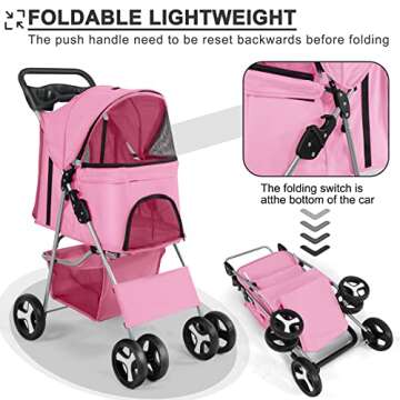 Wedyvko Pet Dog Stroller, 4 Wheel Foldable Cat Dog Stroller with Storage Basket, Handle 360° Front Wheel Rear Wheel with Brake for Small Medium Dogs & Cats (Pink)