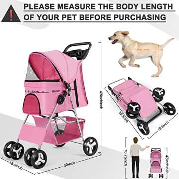 Wedyvko Pet Dog Stroller, 4 Wheel Foldable Cat Dog Stroller with Storage Basket, Handle 360° Front Wheel Rear Wheel with Brake for Small Medium Dogs & Cats (Pink)