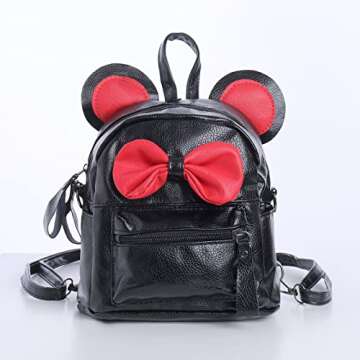 IBTOM CASTLE Women Cartoon PU Leather Mouse Ear Bow Backpack Shoulder Mini Bag Rucksack Black&Red