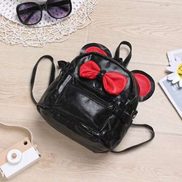 IBTOM CASTLE Women Cartoon PU Leather Mouse Ear Bow Backpack Shoulder Mini Bag Rucksack Black&Red