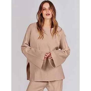 ANRABESS Womens 2 Piece Outfits Oversized Knit Sweater Set Wide Leg Pant Cozy Lounge Matching Pajama Sets 2024 Trendy Clothes Deep Apricot Small
