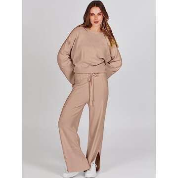 ANRABESS Womens 2 Piece Outfits Oversized Knit Sweater Set Wide Leg Pant Cozy Lounge Matching Pajama Sets 2024 Trendy Clothes Deep Apricot Small