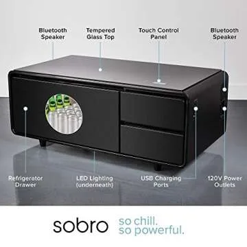 Sobro Coffee Table with Refrigerator Drawer Bluetooth Speakers, LED Lights, & USB Charging Ports for Tablets, Laptops, or a Cell Phone-Perfect for Parties or Entertaining, Black