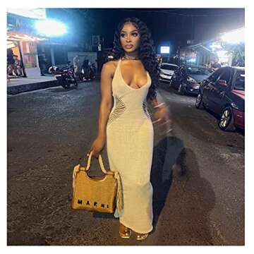 Women Sexy V Neck Bodycon Sweater Dress Knitted Halter Lace Up Hollow Out Waist Maxi Dress Club Outfits Beige