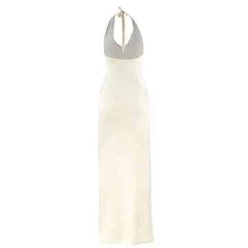 Women Sexy V Neck Bodycon Sweater Dress Knitted Halter Lace Up Hollow Out Waist Maxi Dress Club Outfits Beige