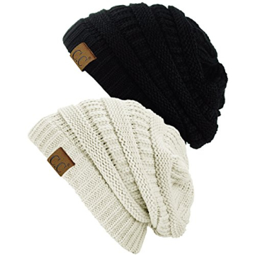 C.C Trendy Warm Chunky Soft Stretch Cable Knit Beanie Skully, 2 Pack Black/Ivory